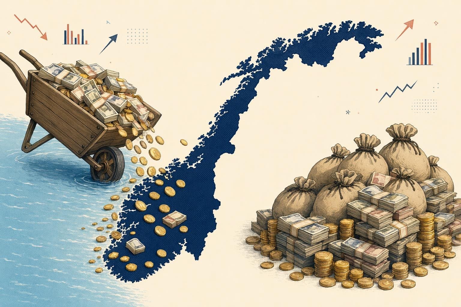 Illustrert Norgeskart omkranset av gullmynter og en trillebår full av pengesedler – redaksjonell illustrasjon av offentlig pengebruk.